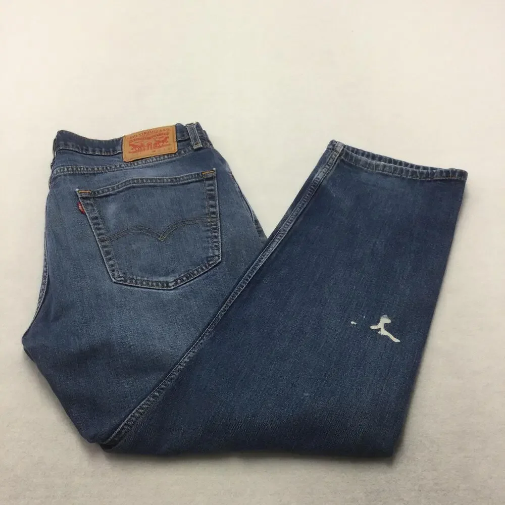 Levis 505 Jeans Mens 36x30 Blue Wash Straight Leg Denim Zip Fly Distressed